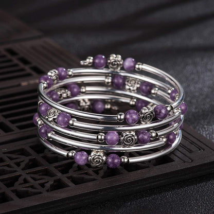 BULINLIN Wrap Bangle Rose Bead Bracelet - Beaded Bracelet with Natural Agate Stone Gifts For Women(01-Purple stone)