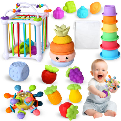 6-in-1 Montessori Baby Toys for 6-12-18 Months, Fun Infant Toys with Shape Sorter Sensory Bin, Stacking Rings, Bath Toys,Soft Fruit, Learning Developmental Toys Gifts for 1 2 3 Year Old Boys Girls