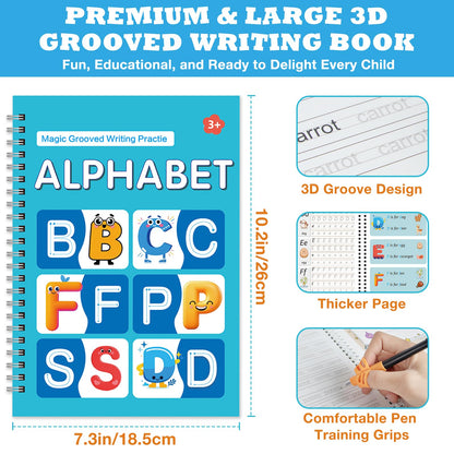 Hoarecal Magic Grooved Writing Practice Book for Kids Ages 3–8, 6 Reusable Handwriting Practice Books with 6 Pens, 12 Refills, 3 Soft Grips, Preschool Learning Activities Gifts for Boys and Girls