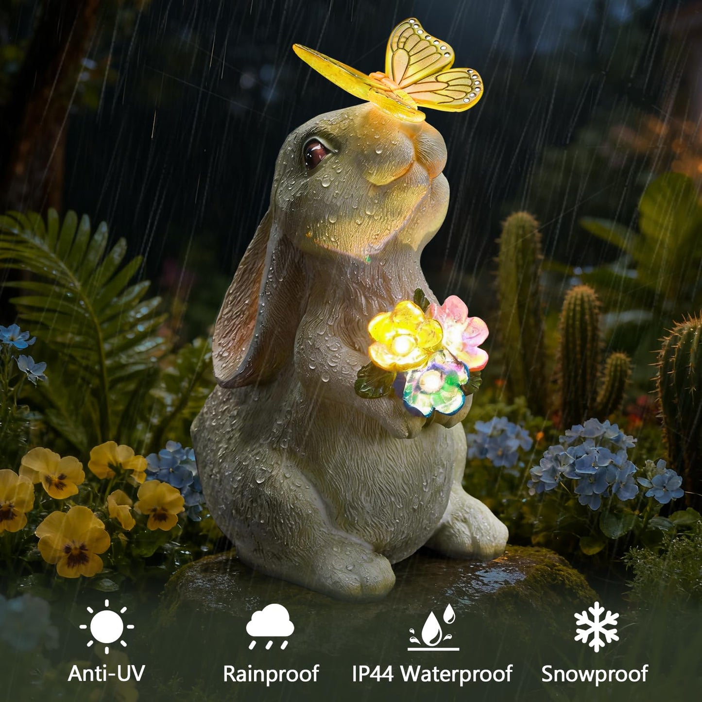 IDEA SHOW Solar Garden Statue Outdoor Decor, Rabbit Figurine with Butterfly LED Lights, Bunny Statue for Garden, Yard Decor, Lawn Ornament, Valentine's Day Birthday Gift for Women Mom Grandma