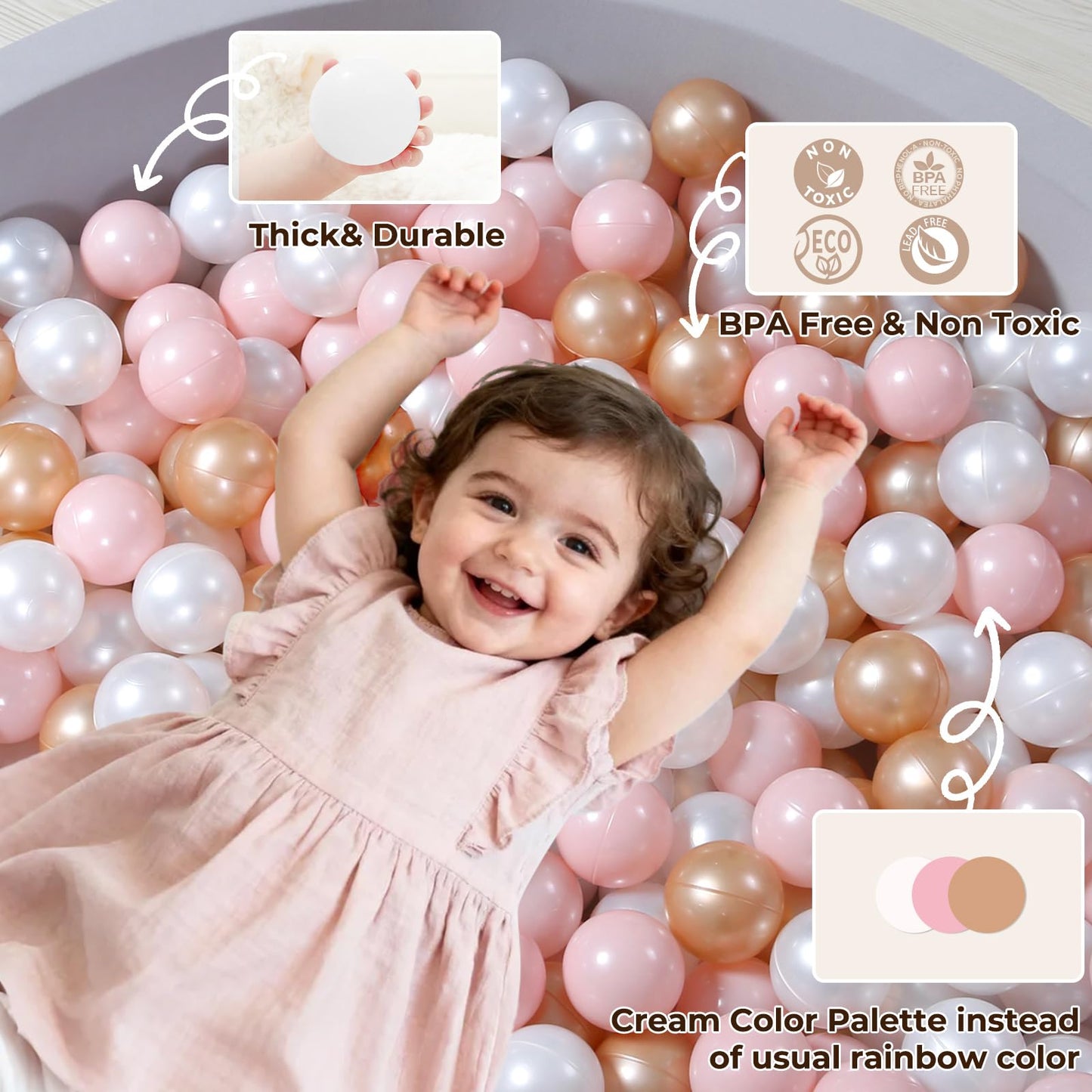 TRENDPLAY Plastic Balls for Ball Pits - Pack of 100 Hollow Balls- Safe and Exciting Playtime - Perfect for Toddler Baby Pools,Party,Festival Decoration, Pink+Pearl Brown