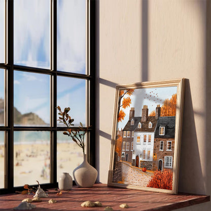 XOCUUI Autumn Cozy Village Landscape Scene 8x10 Unframed Canvas Print, Rustic Fall Street Scene Wall Art With Warm Colors, Thanksgiving House Office Entryway Seasonal Decor