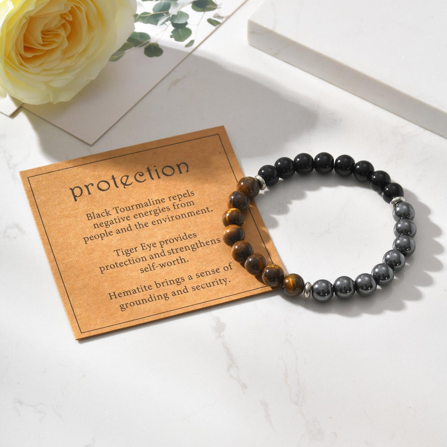 FUTPLOR Triple Protection Bracelet (Tiger Eye Stone,Black Tourmaline,Hematite), 8mm Beaded Bracelets for Men Women, Elastic Bracelets 17cm/ 6.69in
