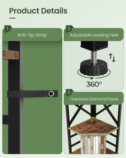 CHOEZON 69.3" Corner Shelf 5-Tier, Large Corner Shelving, Freestanding Storage Stand for Bedroom, Living Room, Kitchen, Industrial Engineered Wood Bookshelf Organizer, Rustic Brown and Black TCJ15BF