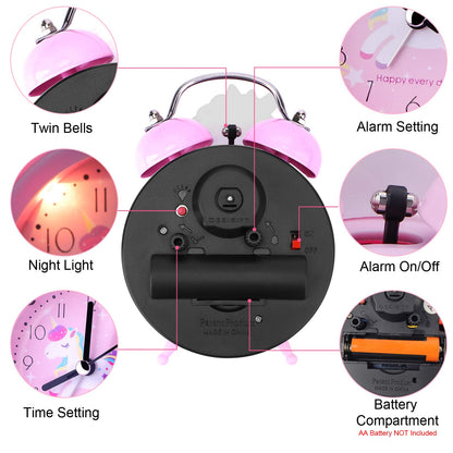 TCJJ Unicorn Alarm Clock for Girls Kids, Cute Bedroom Decoration, Non Ticking Silent Second Hand, w/Backlight Super Loud Twin Bell, for Kids Unicorn Gifts (Pink)