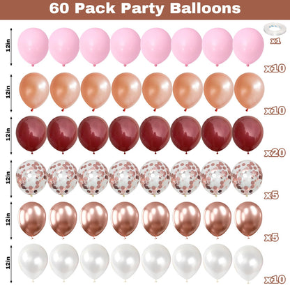 Burgundy Red and Pink Balloons, 60 Pack 12in Rose Gold Wine Red Light Pink White Latex Balloon Metallic Rosegold Confetti Helium Party Balloons for Women Girls Birthday Wedding Anniversary Decorations