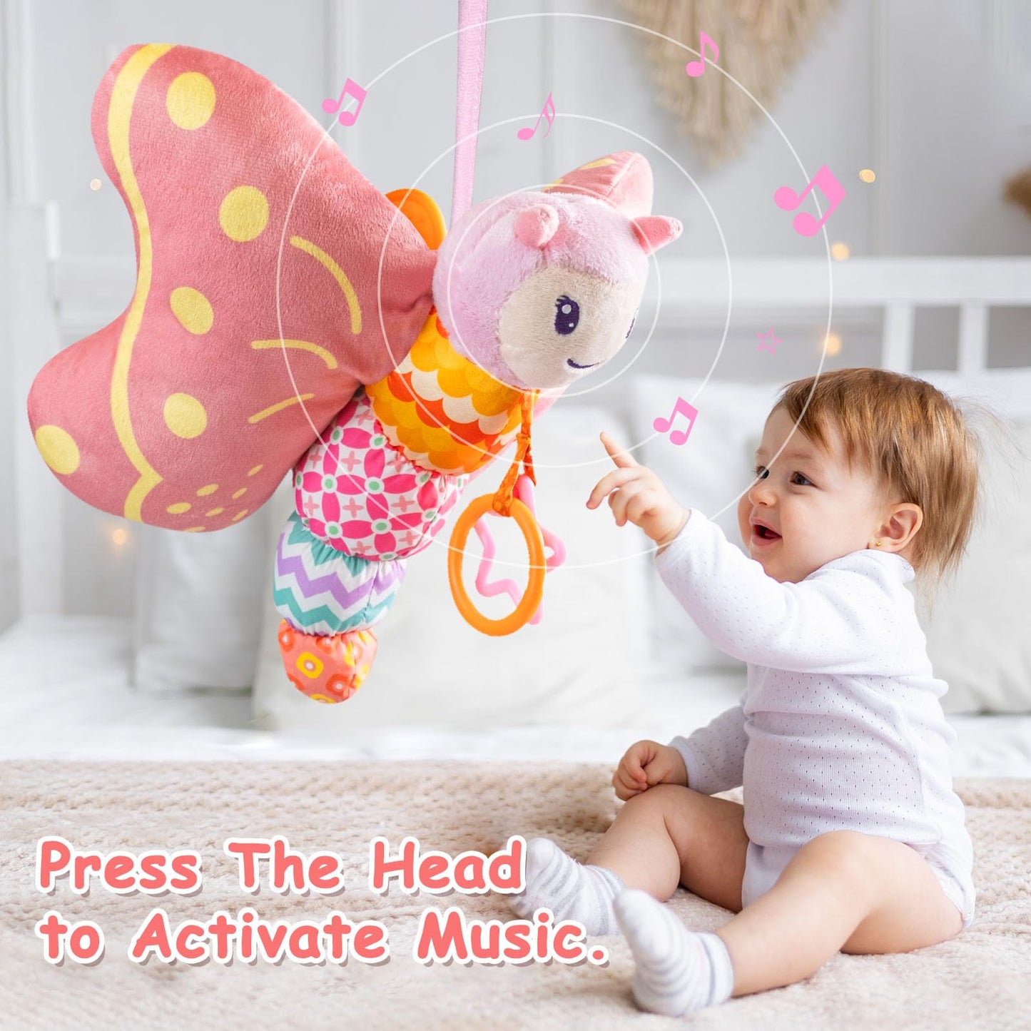 Baby Toys 0-6 Months,Infant Musical Sensory Stuffed Animal with Squeaker,Rattle,Crinkle Wings,Teether & Hanging Ring,Tummy Time Toy for Newborn 0-3-6-12 Months Boys & Girls Gift,Butterfly,Pink