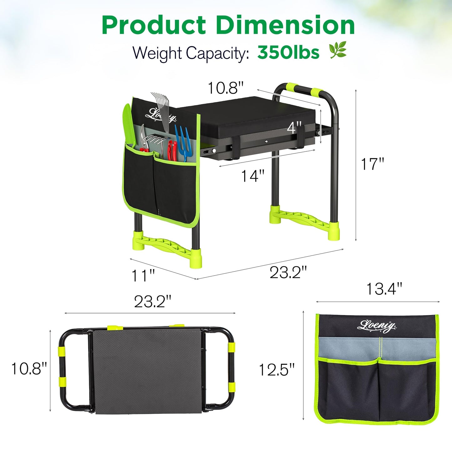 LOENIY 10.8” Wide Garden Kneeler and Seat, Heavy Duty Foldable Gardening Stool with Tool Belt Pouch, Included Thickened Kneeling Pad, Portable Gardening Bench Chair for Seniors & Parents