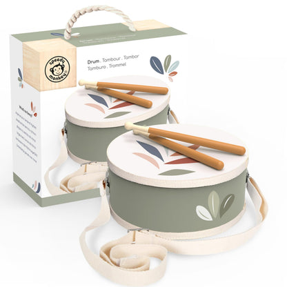 SPEEDY MONKEY Wooden Kids Drum Set for Musical Play | Toddler Percussion Toy with Adjustable Strap & 2 Drumsticks | Supports Rhythm, Creativity & Early Learning for Kids Ages 3+