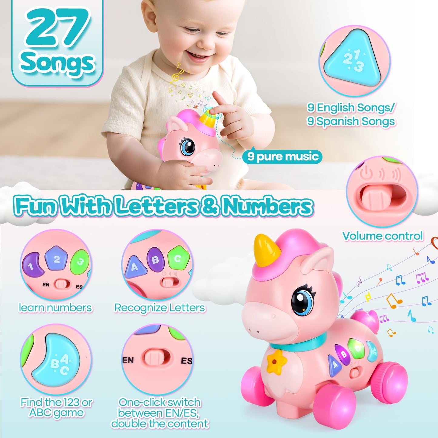Baby Unicorn Toy 6-12-18 Months with Music & Lights Explore Bilingual Educational For Toddler Sensory Development Learning Walking Moving Crawling Tummy Time Toys Christmas Birthday Gifts for Infants