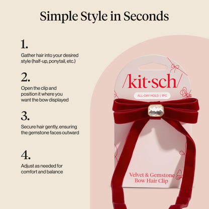 Kitsch Velvet Bow Hair Clip with Gemstone – Red Duckbill Hair Clips for Women | Lightweight, Comfortable, Secure Hold | Perfect Hair Accessories, Gifts for Women