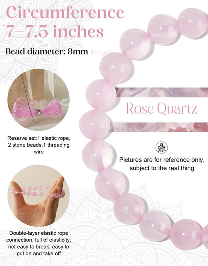 Landorilo Beaded Bracelet for Men Women, 8mm Natural Stone Rose Quartz Healing Crystal Stretch Bracelets, Ideal Christmas Birthday Jewelry Gifts with Energy Card，Replacement Beads Included