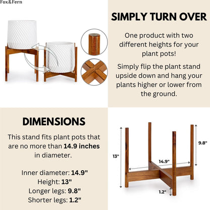 Fox & Fern Mid Century Plant Stand — 14.9 Inch Fixed Size Wooden Plant Stand for Indoor Planters (Not Included) - Extra Large Flower Pot Holder for Indoor Big Pots - Plug In Design - Acacia
