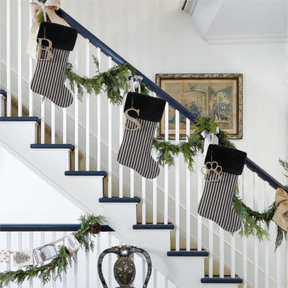 JKSVE 20 Inch Black Vertical Stripe Christmas Stocking, Personalized Gold Wooden Initial Monogram Christmas Stocking,Christmas＆Halloween Holiday Party Decor（A）