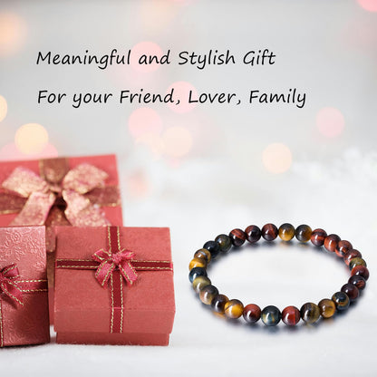 Tiger Eye Bracelets for Women Men, Triple Protection Chakra Beaded Bracelet, Relax Anxiety Healing Crystal Jewelry for Balance, Natural Gemstones Bracelets Gifts for Women Birthday (6MM)