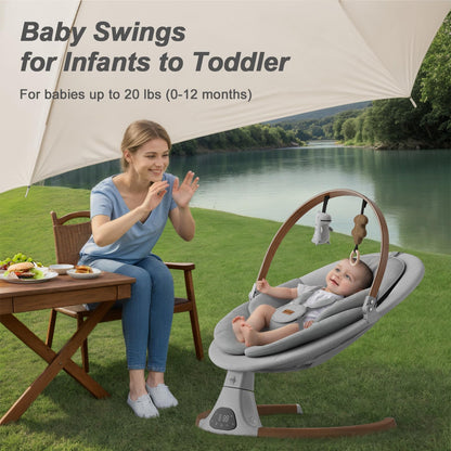Baby Swings for Infants, Monamii Baby Swing, Bluetooth Infant Swing with Music Speaker, 5 Speeds and Remote Control, Indoor & Outdoor Use (Light Grey)
