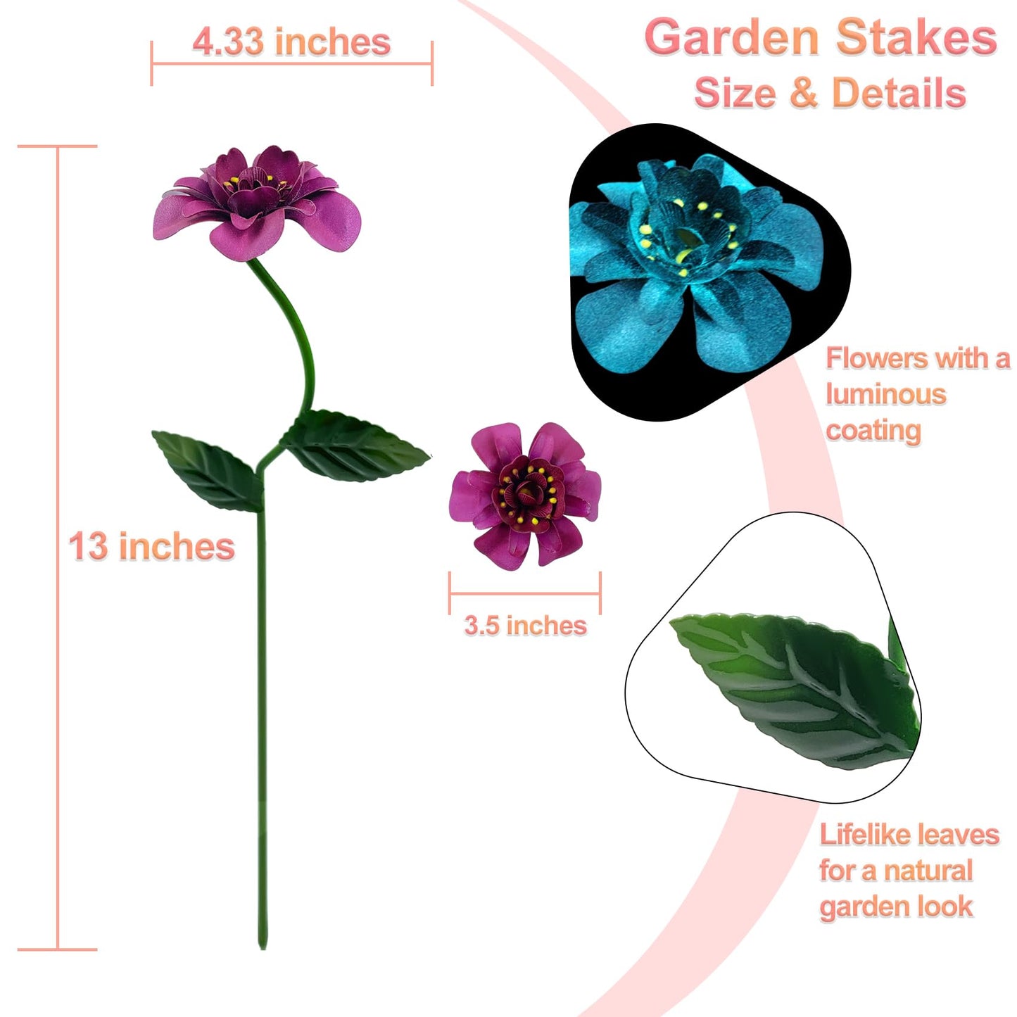 gronhof Glow-in-the-Dark Metal Flower Garden Stakes, 4 Pack Waterproof Outdoor Yard Art, Rust-Resistant Floral Decor for Lawn, Planters, Pathway & Patio, No Battery Needed