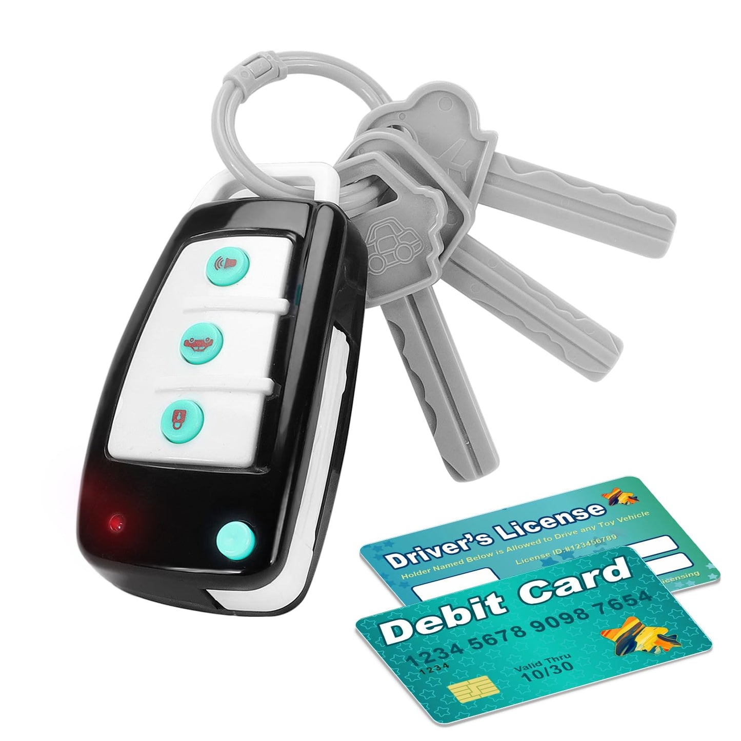 Car Key Playset, Remote Car Key Toy with Light and Sounds, Pretend Play Keys with Cards for Boys and Girls, Travel Toys for Toddlers, Babies (Black)