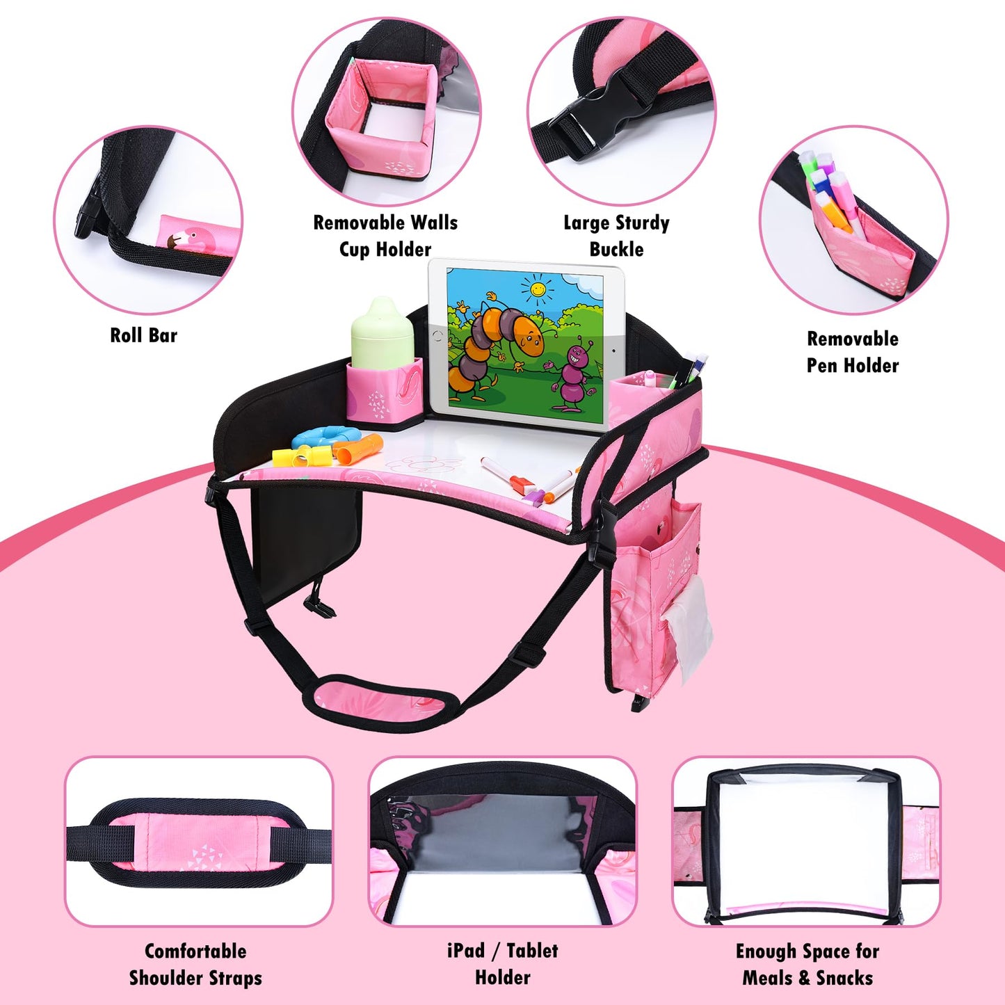 WENRENER Kids Travel Tray, Car Seat Tray for kids Travel, Toddler Road Trip Essentials With Drawing Kit, Toddler Lap Desk Organizer for Car, Carseat Table for Airplane