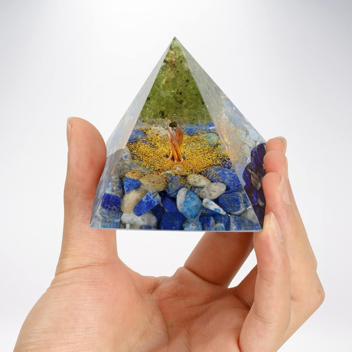 EternalOrgone Tree of Life Orgone Pyramid for Positive Energy, Orgonite Peridot&Lapis Lazuli Healing Crystal Pyramids for Reduce Stress Chakra Reiki Healing Meditation Attracts Lucky and Success
