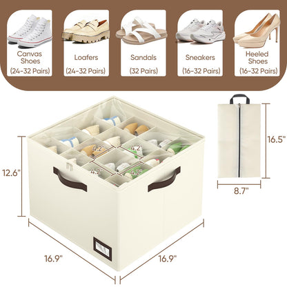 OIAHOMY 2 Pack Shoe Organizer for Closet, Large Foldable Shoe Storage Bins with Dividers and Reinforced Handles, Each Clear Cover Sneaker Box Fits Up to 16 Pairs for Entryway and Bedroom, Beige