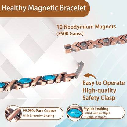 EnerCoppeX Copper Magnetic Bracelet for Women - Turquoize Detox Jewelry with 3500 Gauss Magnet (S)