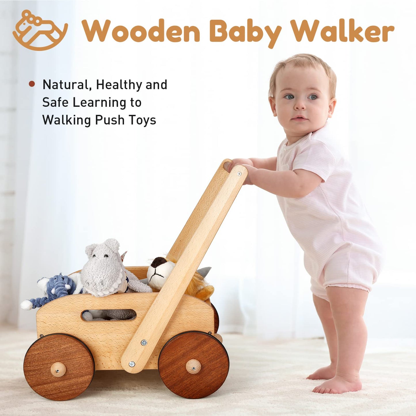Woodtoe Wooden Baby Walker for Toddlers, Adjustable Speed Push Toys for Babies Learning to Walk, with Wooden Building Blocks Set for Kids, 24 PCS Rainbow Gem Cubes Stacking Blocks