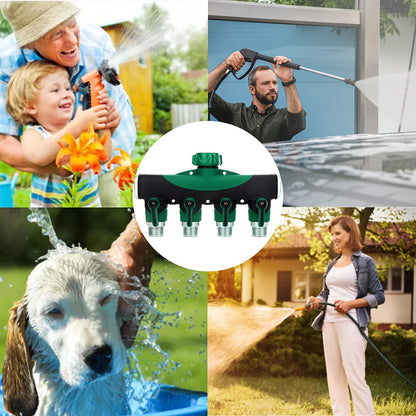 Garden Hose Splitter 4 Way - 3/4 Inch Heavy Duty Metal Water Faucet Splitter with Shut Off Valves 4 Way Leakproof Hose Connectors with Comfortable Rubberized Grip for Gardening Hoses 5 Washers