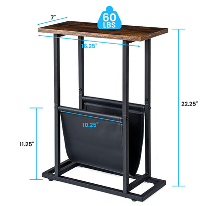 FLYJOE Narrow Side Table with PU Leather Magazine Holder Rustic Slim Little Thin Table for Living Room, Bedroom, Sofa, Rustic Brown