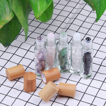 Constore 5 PCS 10ML Gemstone Roller Bottles,Refillable Roll On Bottles with Bamboo Lids Healing Crystal Chips Inside for Perfumes Aromatherapy Oils
