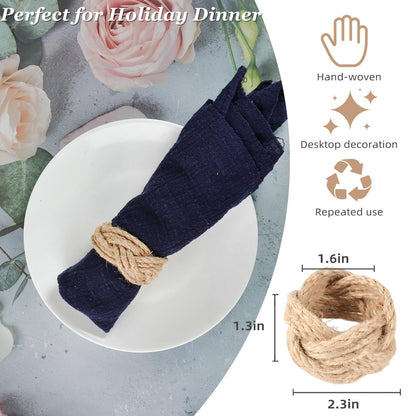 Woven Napkin Rings Set of 48, Mgrlfbl Farmhouse Burlap Napkin Ring Holders Bulk for Thanksgiving Christmas Holiday Dinner Birthday Wedding Banquet Party of Table Setting Decorations(Yute 48)