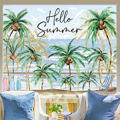 Heirloom Haven Extra Large Hello Summer Window Clings, Summer Sun Beach Window Removable Double Sided Coconut for Glass Windows Home Store Decor