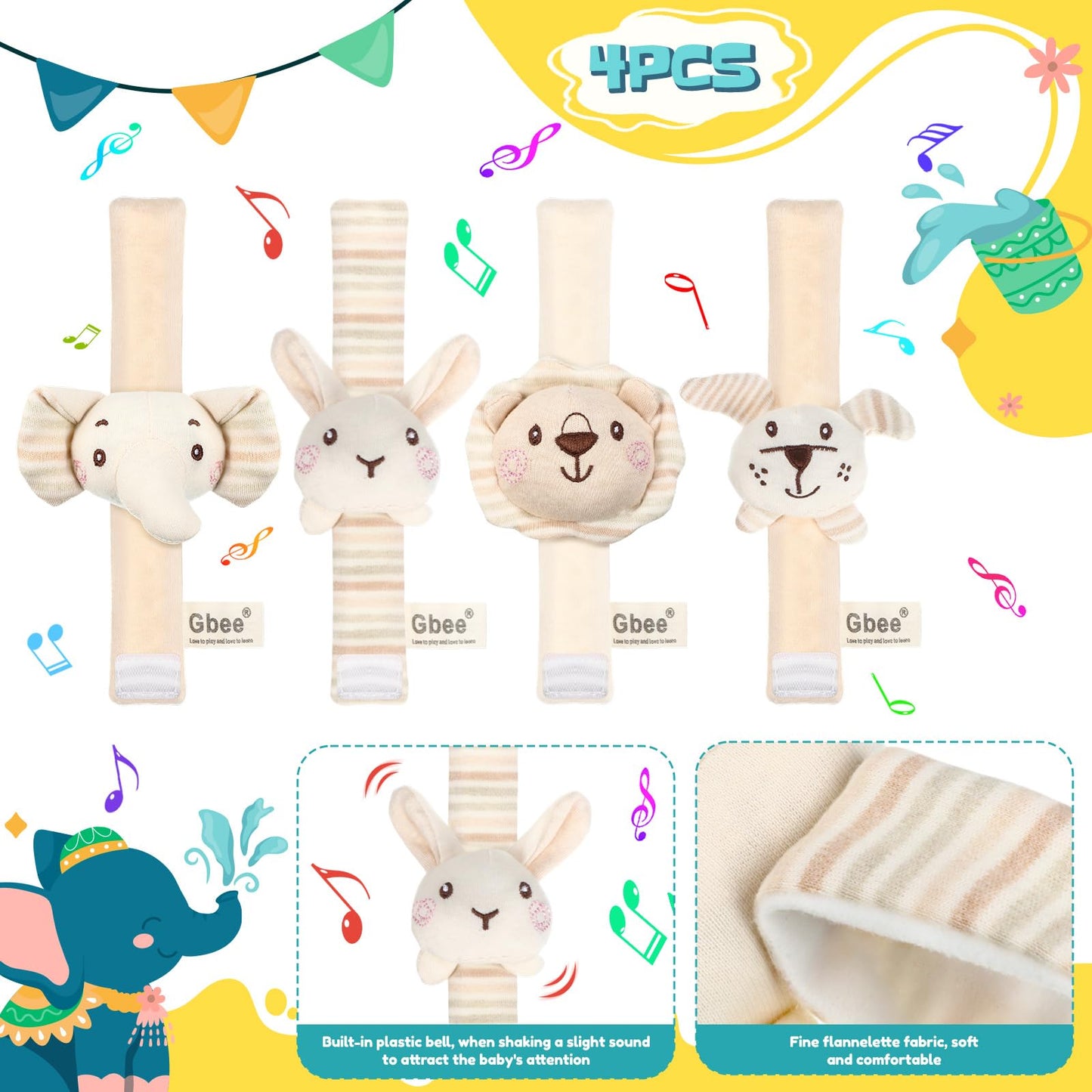 Wovnet 4 Pieces Baby Wrist Rattles Animal Pattern Newborn Rattle Foot Rattles Toy for Babies Boy Girl Infant Birthday Gifts Educational Toys, 4 Designs (Rabbit Dog Lion Elephant)