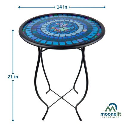 MooneLit Creations Blue Mosaic Glass Accent Side Table & Plant Stand – Great Gift, Perfect for Indoor/Outdoor Use, Decorative Metal Pedestal for Patio, Garden & Home Décor