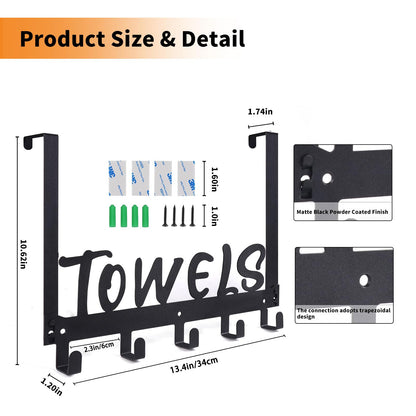 Gohiuo Over The Door Hook, Towel Holder Towel Hook for Bathroom, Towel Hanger Door Rack with 5 Coat Hooks, Over The Door Hanger Towel Rack for Bathroom, Bedroom Towels Coats, Black