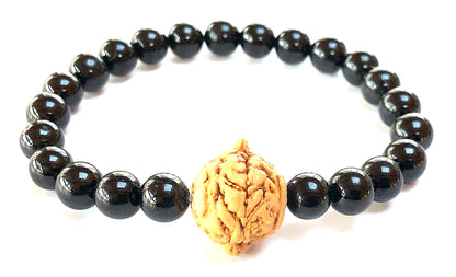 AWAKEN YOUR KUNDALINI Black Tourmaline & Bodhi Satva Bead Stretch Bracelet – 8mm & 14mm (Wrist Size 7.5 Inches)