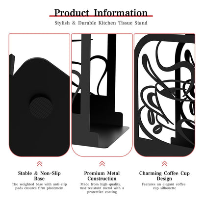 Modern Standing Napkin Holder for table, Black Metal Napkin Dispenser, Coffee time Theme Style Napkin Holder, Suitable for Kitchen, Coffee Shop, Dining Room