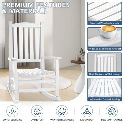 Besunbar Wooden Outdoor Rocking Chair, Oversized Patio Rocking Chair w/400lbs Support & High Backrest | Porch, Lawn, Garden, Backyard，White