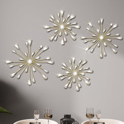 Hicarer 4 Pcs Starburst Wall Decor Bling Wall Art Crystal Teardrop 3D Hanging Rhinestone Radial Metal Artwork Modern Accent Sculptures Decorations for Living Room Home Office Bedroom(Gold)
