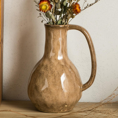 Tanvecle Brown Ceramic Vase with Big Handles, Modern Farmhouse Decor, Rustic Pottery for Flowers, Decorative Terracotta Centerpiece for Dining Table