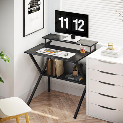 ODK Small Desk, 27.5 Inch Computer Desk for Small Spaces, Study Desk with Storage & Monitor Stand, Black