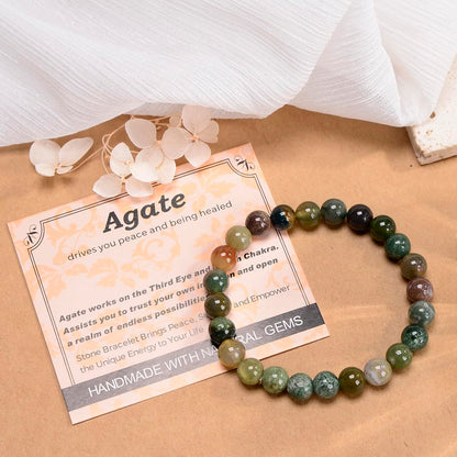 MASSIVE BEADS Indian Agate - Stone of Peaceful - Handmade Yoga Stretch Elastic Bracelet Natural Stone Crystal Healing Power Energy Gifts for Unisex Adult 6mm