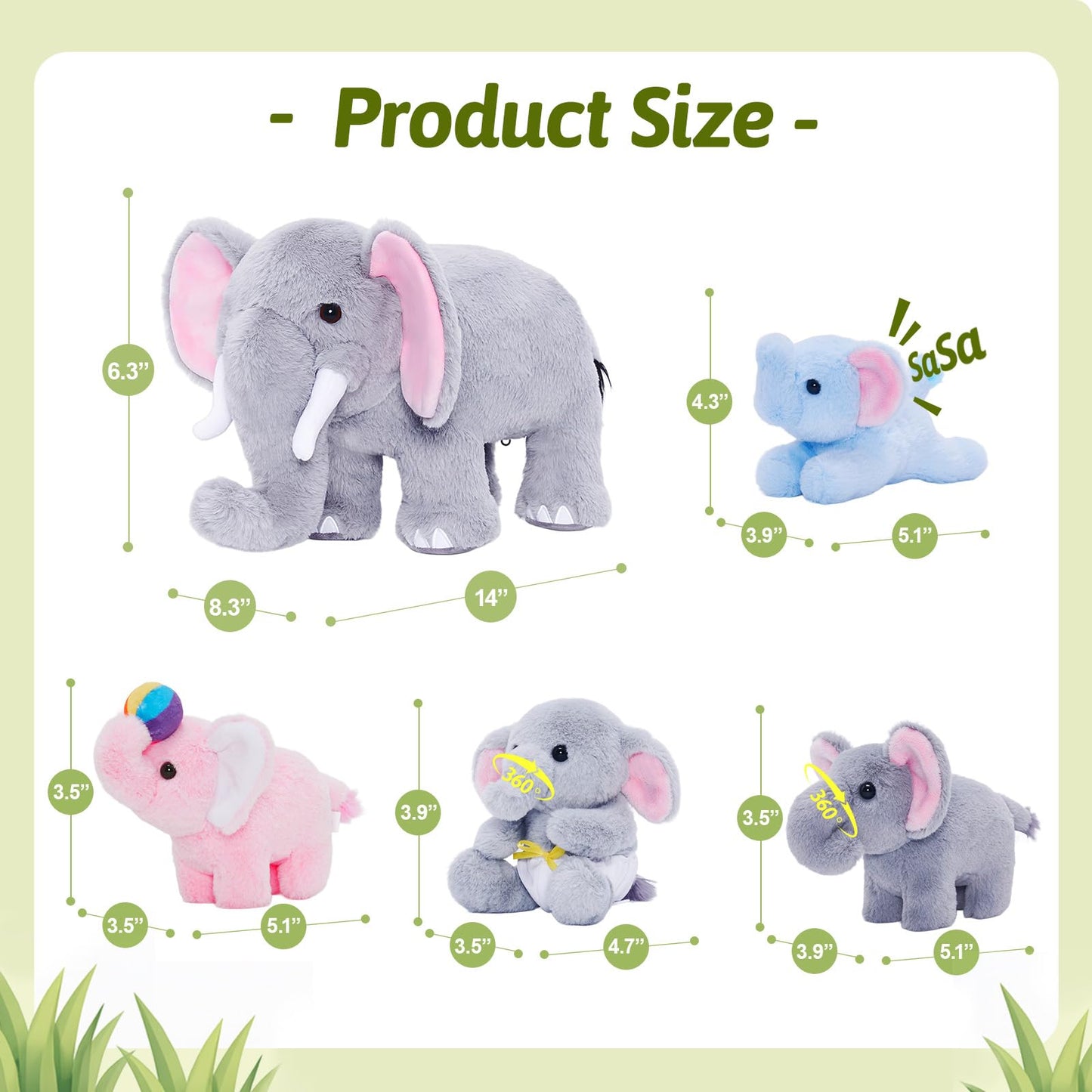 OUOZZZ Elephant Stuffed Animal with 4 Baby Elephants – Interactive Plush Toy Set with Crinkly Ears, Rotating Trunk – Travel-Friendly & Portable Gift for Baby Girls, Boys, Toddlers & Kids 14" x 6.3"