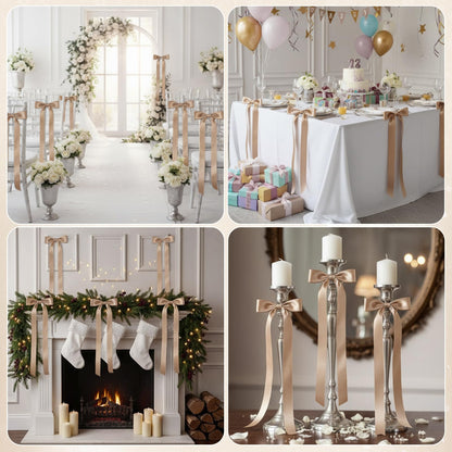 Lyrow 36 Pcs Champagne Long Satin Ribbon Bows for Wedding Valentine Candlestick Chairs Hair Bows for Women Bridal Baby Shower Backdrop Wine Glass DIY Birthday Party Table Decor(19.7" x 5.28")