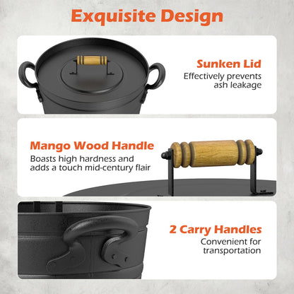 Tangkula 3 Gallon Ash Bucket with Lid, Galvanized Metal Coal Ash Cleaning Can w/Mango Wood Handle & Dual Side Handles, Indoor & Outdoor Fireplace Tool Ash Pail for Fire Pits Wood Burning Stoves