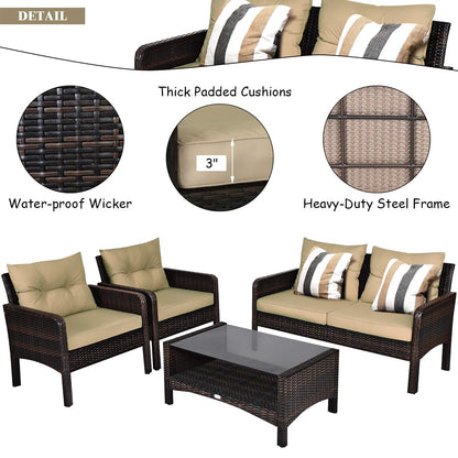 Tangkula 4 Piece Patio Furniture Set, Outdoor Wicker Conversation Set with Glass Top Coffee Table, All Weather Proof and Thick Cushions, Suitable for Porch, Garden, Poolside and Lawn (Brown)