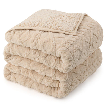 Weighted Blanket Queen Size 15lbs, Classy Soft Jacquard Sherpa Weighted Blankets for Sleep Natural and Calming, Fluffy Cozy Sofa Bed Blanket for Winter, Beige, 60 x 80 inches