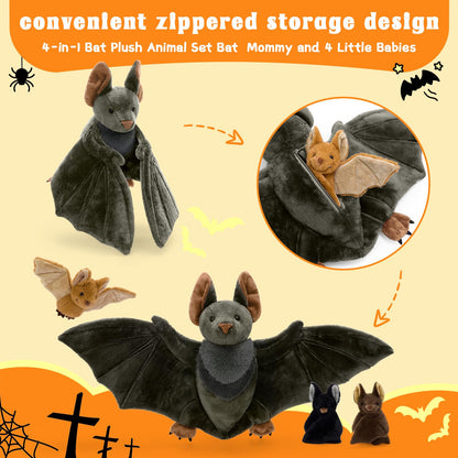 Tezituor 4Pcs Realistic Bat Stuffed Animals Set, 32inch Large Mommy Stuffed Bat with 3 Cute Babies for Boys Girls, Hugging Soft Bats Plush Toy Gift for Halloween Christmas Party