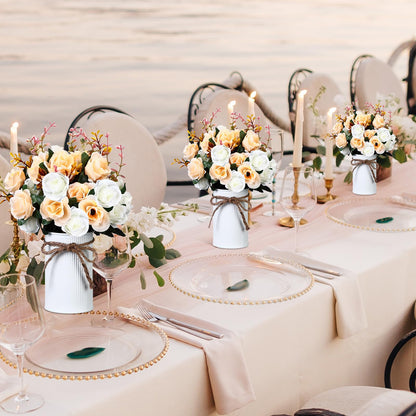 Domensi 24 Sets Wedding Table Centerpiece Artificial Flowers with Vase 48 Pcs Fake Bouquets 24 Pcs Metal Vases Floral Arrangements for Holiday Party Event Table Decor(Champagne)