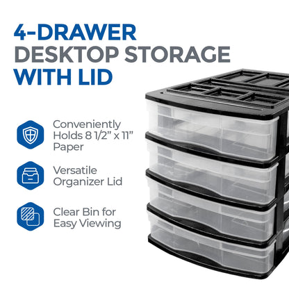 Gracious Living 4-Drawer Desktop and Countertop Storage Organizer Drawer Set, Plastic Office Desk Organizer, Black/Clear
